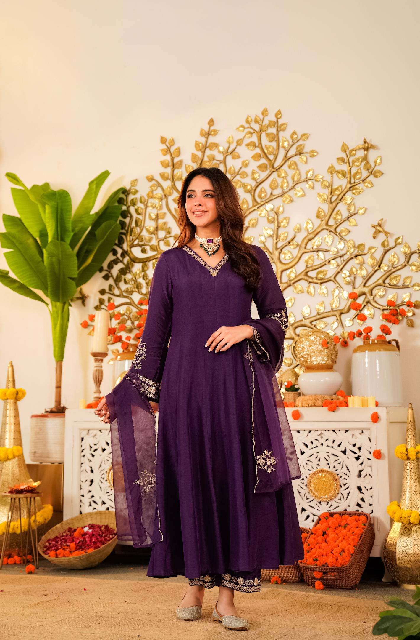 Amethyst Russian Silk  Embroidered Suit Set