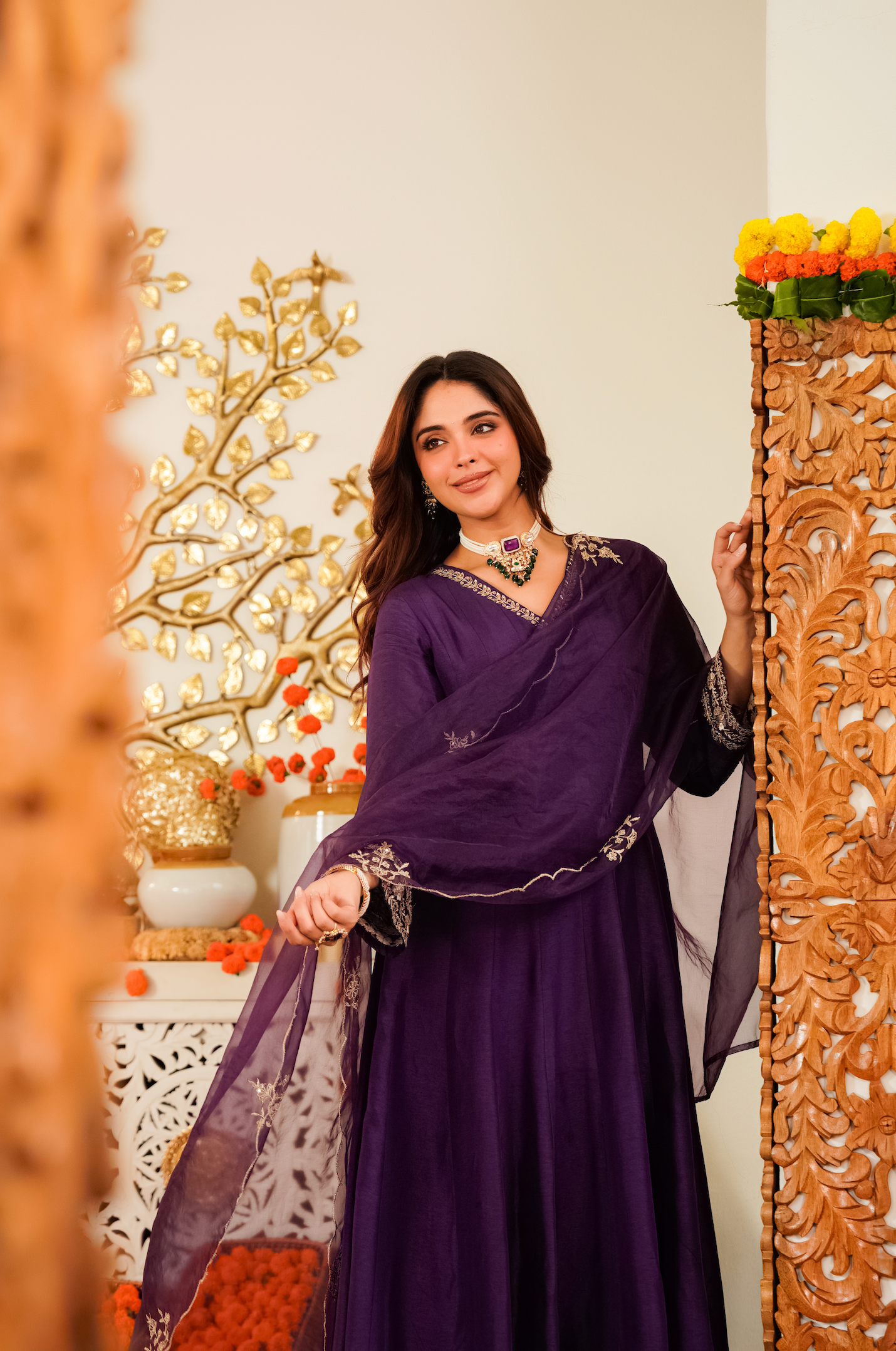 Amethyst Russian Silk  Embroidered Suit Set