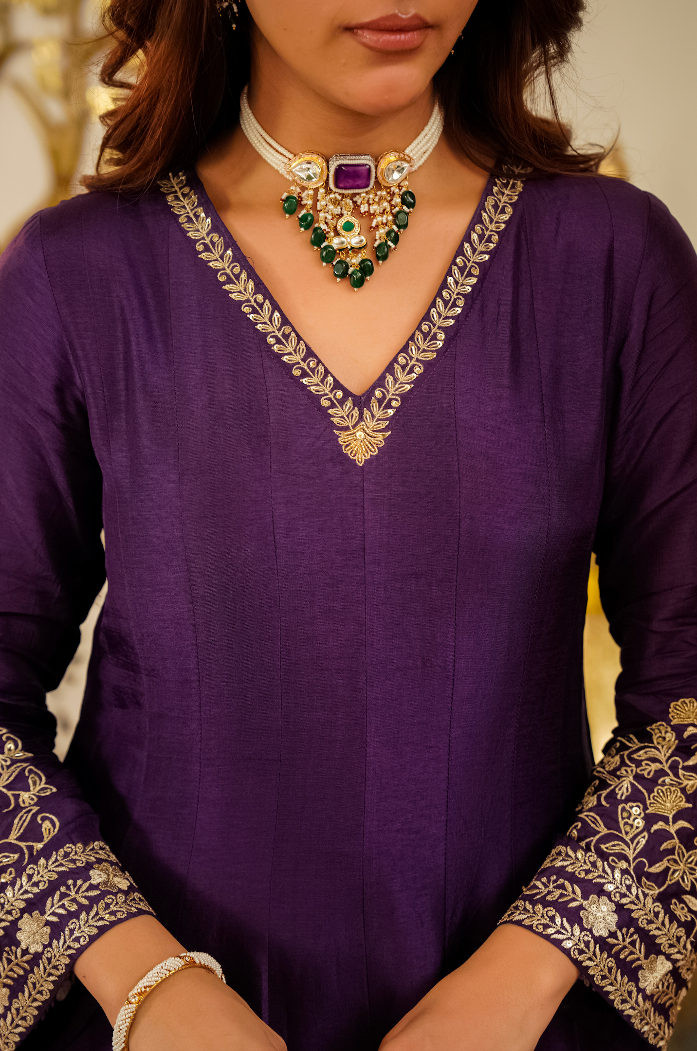 Amethyst Russian Silk  Embroidered Suit Set