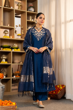 Blue Embellished Crepe Suit Set