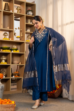 Blue Embellished Crepe Suit Set