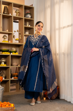 Blue Embellished Crepe Suit Set