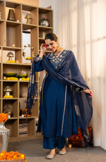 Blue Embellished Crepe Suit Set