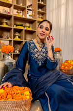 Blue Embellished Crepe Suit Set
