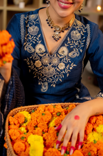 Blue Embellished Crepe Suit Set