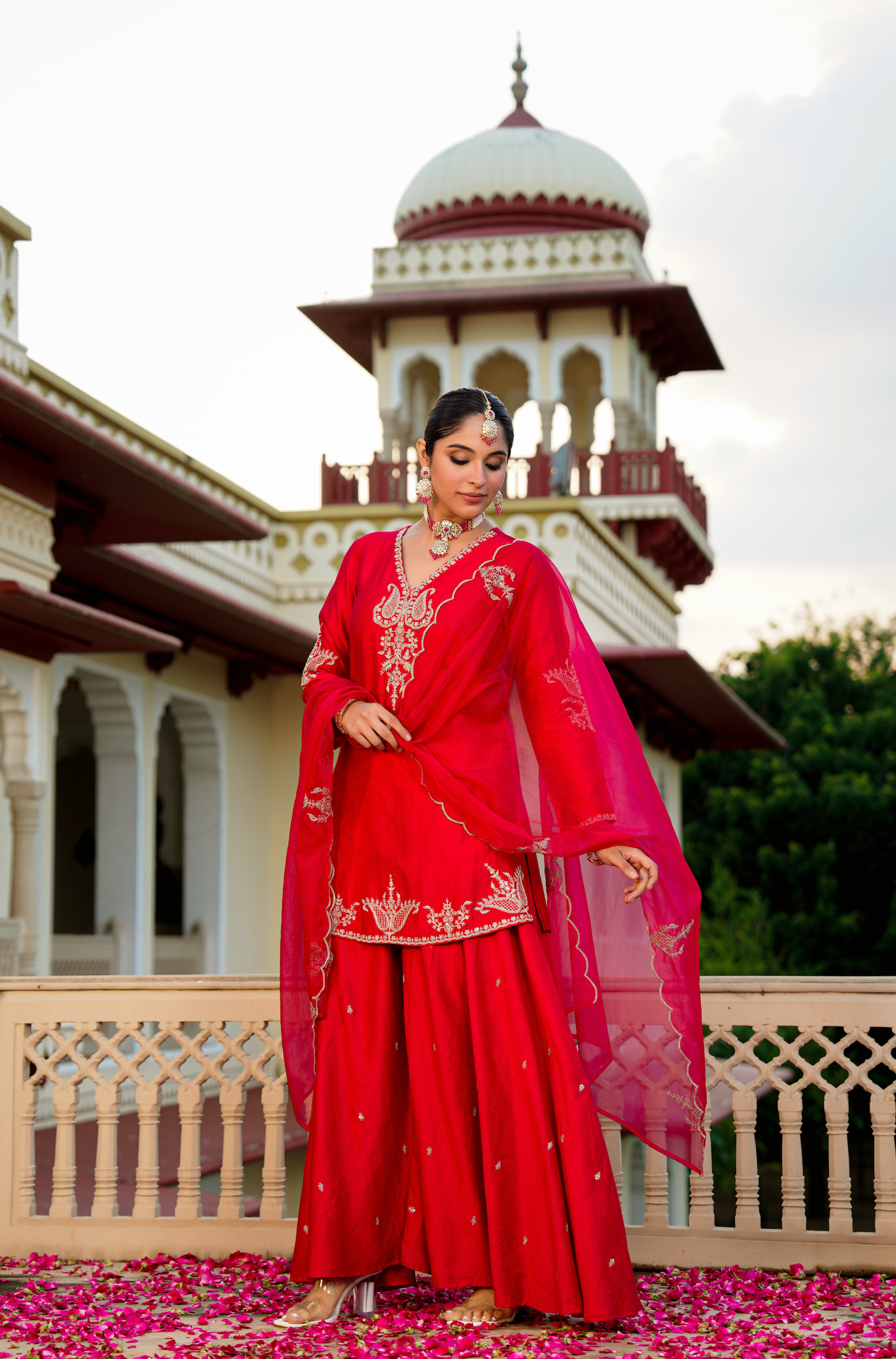 Crimson Silver Zari -Resham Embroidered Sharara Suit Set