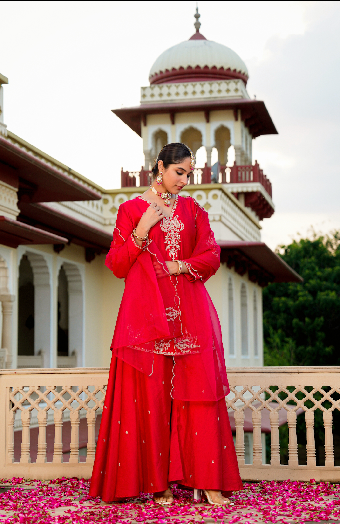 Crimson Silver Zari -Resham Embroidered Sharara Suit Set