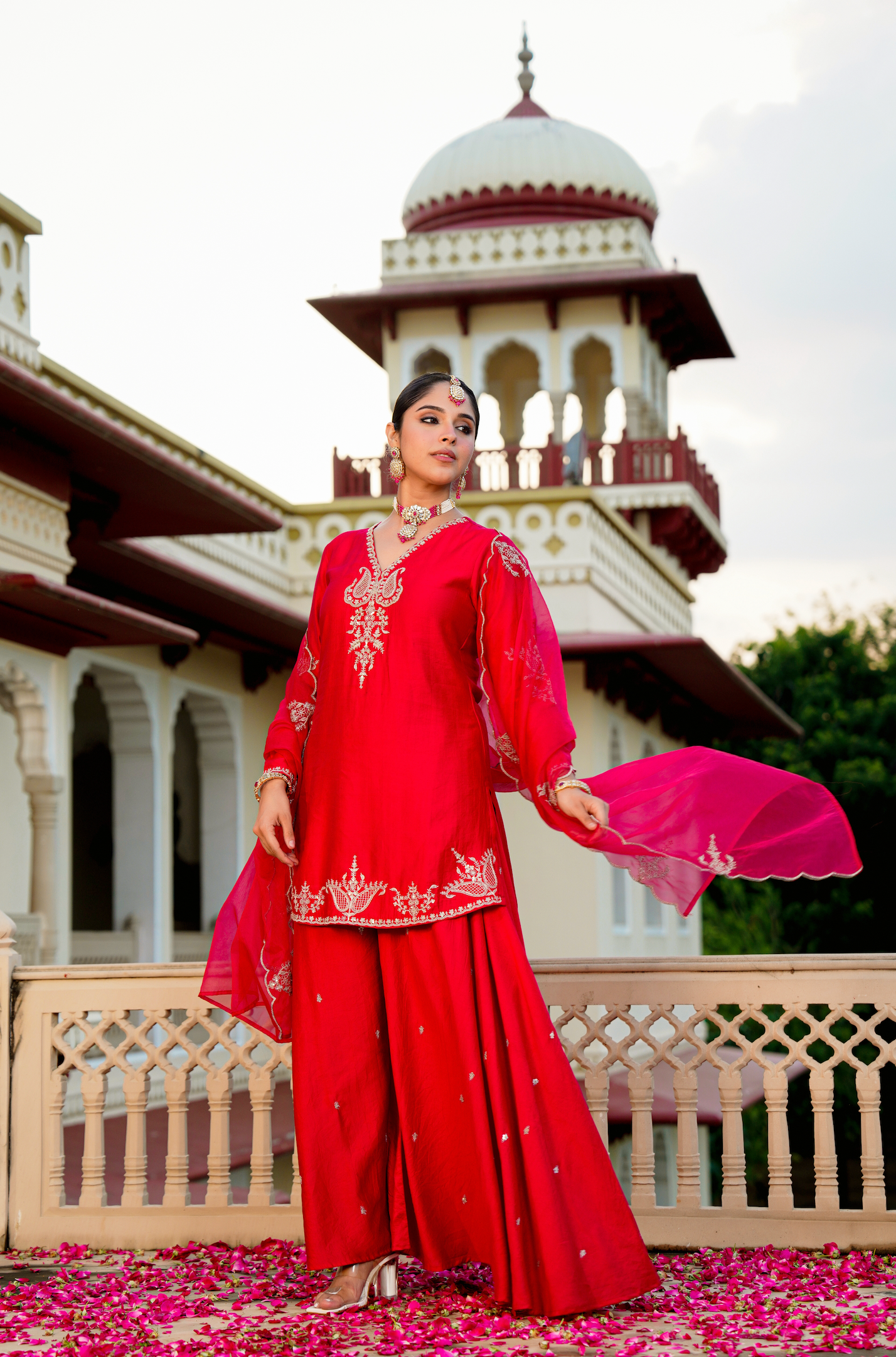 Crimson Silver Zari -Resham Embroidered Sharara Suit Set