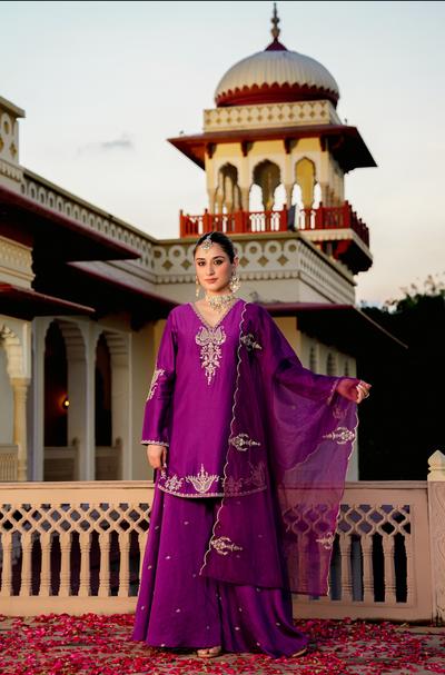 Jamuni Satoori Silk Silver Zari -Resham Embroidered Sharara Suit Set
