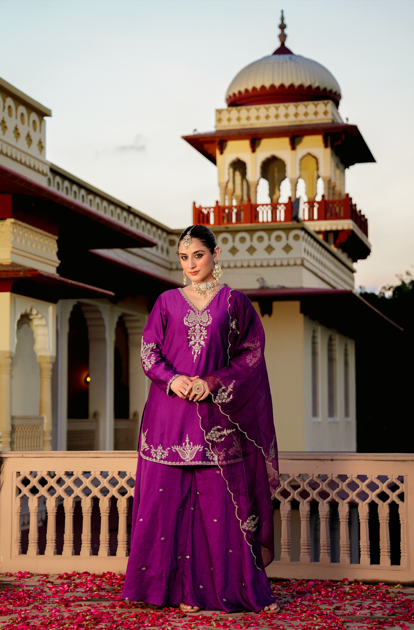 Jamuni Satoori Silk Silver Zari -Resham Embroidered Sharara Suit Set