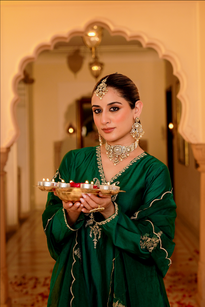 Emerald Green Silk Zari -Resham Embroidered Sharara Suit Set