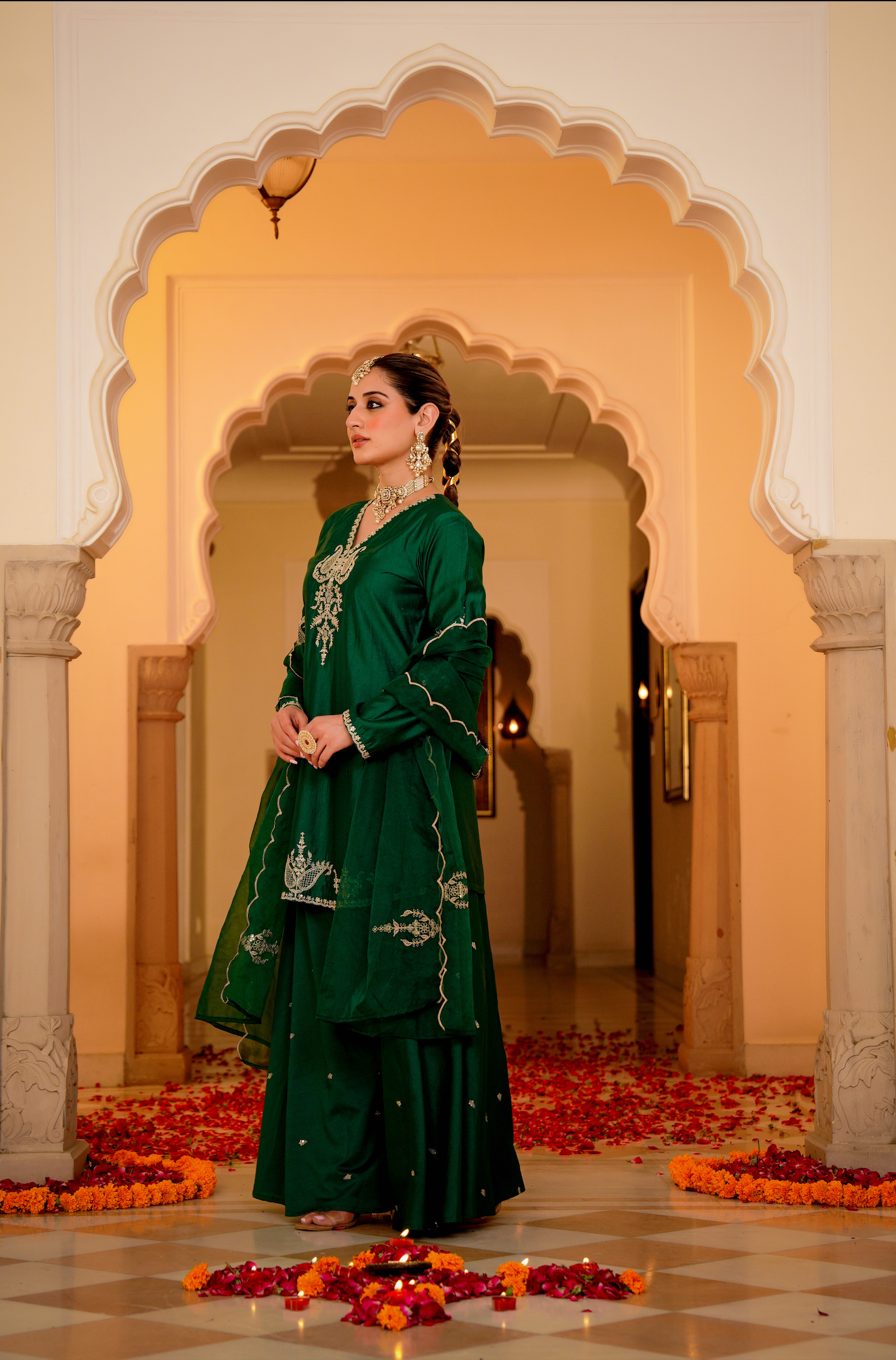 Emerald Green Silk Zari -Resham Embroidered Sharara Suit Set