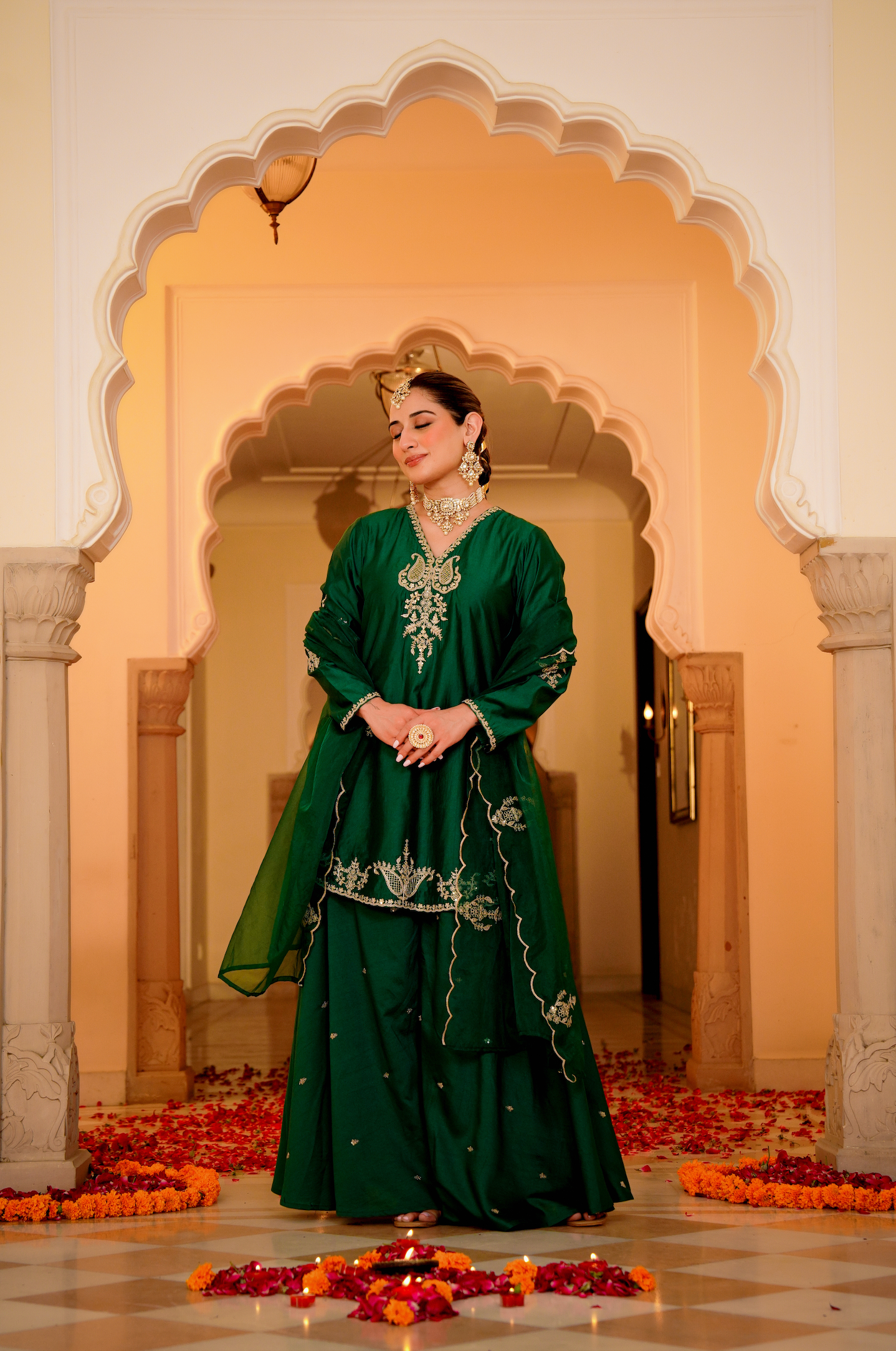 Emerald Green Silk Zari -Resham Embroidered Sharara Suit Set