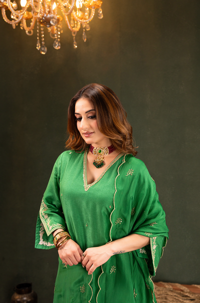 Emerald Green Satoori Silk Kurta Suit Set