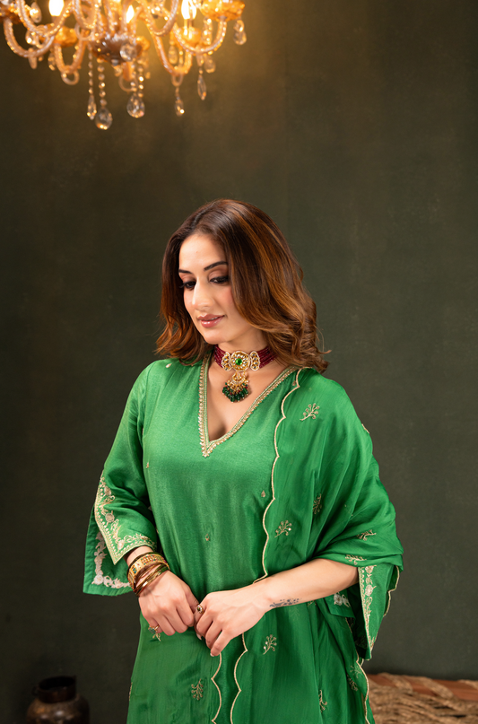 Emerald Green Satoori Silk Kurta Suit Set