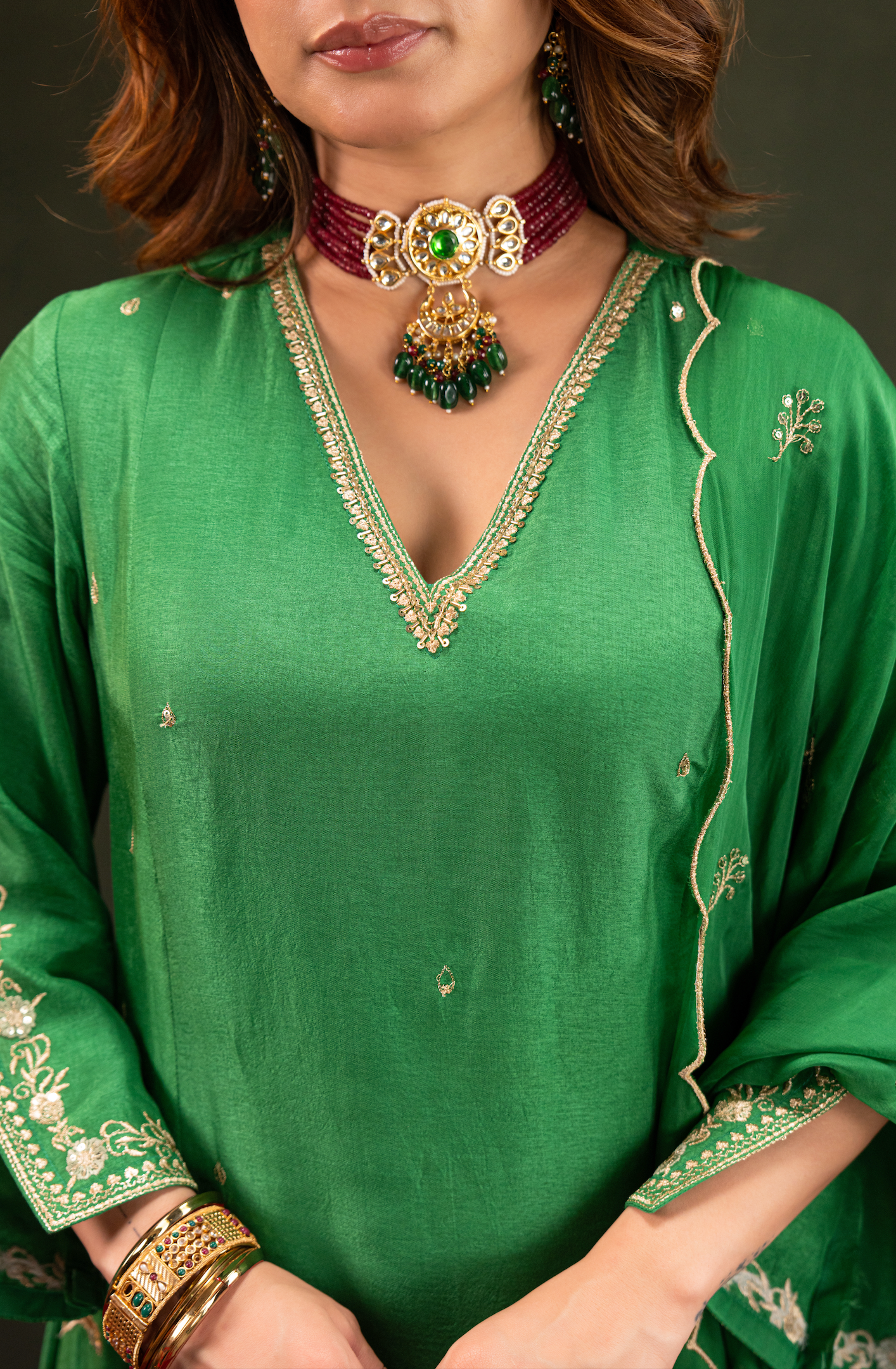 Emerald Green Satoori Silk Kurta Suit Set