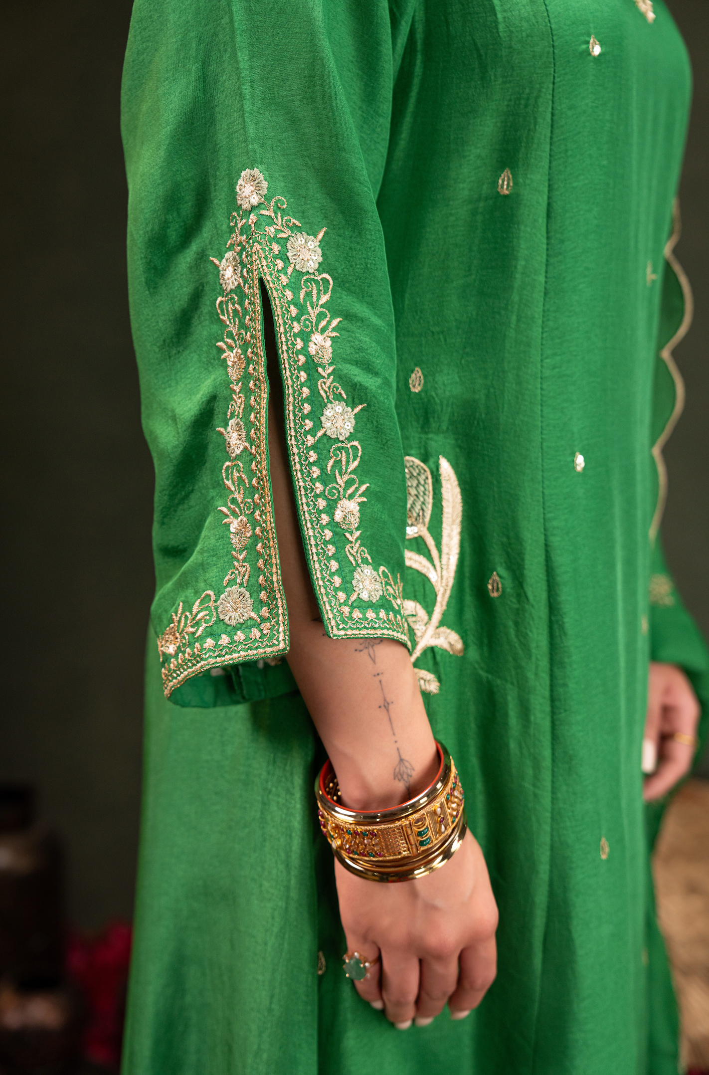 Emerald Green Satoori Silk Kurta Suit Set