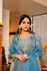 Mist Tissue Silk Hand Adda Embroidered A-Line Kurta Suit Set