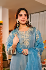 Mist Tissue Silk Hand Adda Embroidered A-Line Kurta Suit Set