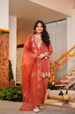 Terracotta Tissue Silk A-Line Short Kurta Suit Set
