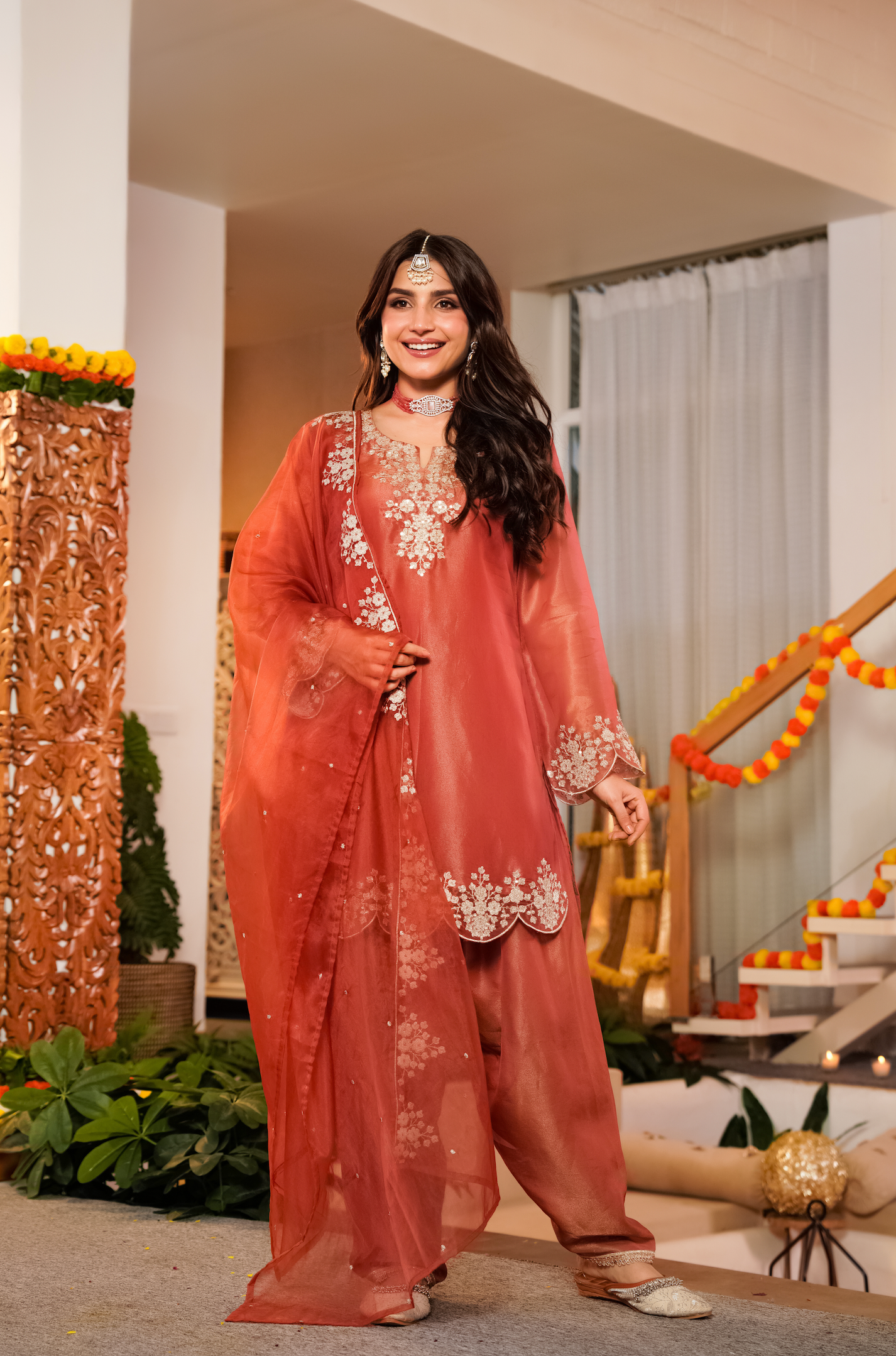Terracotta Tissue Silk A-Line Short Kurta Suit Set