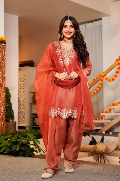 Terracotta Tissue Silk A-Line Short Kurta Suit Set