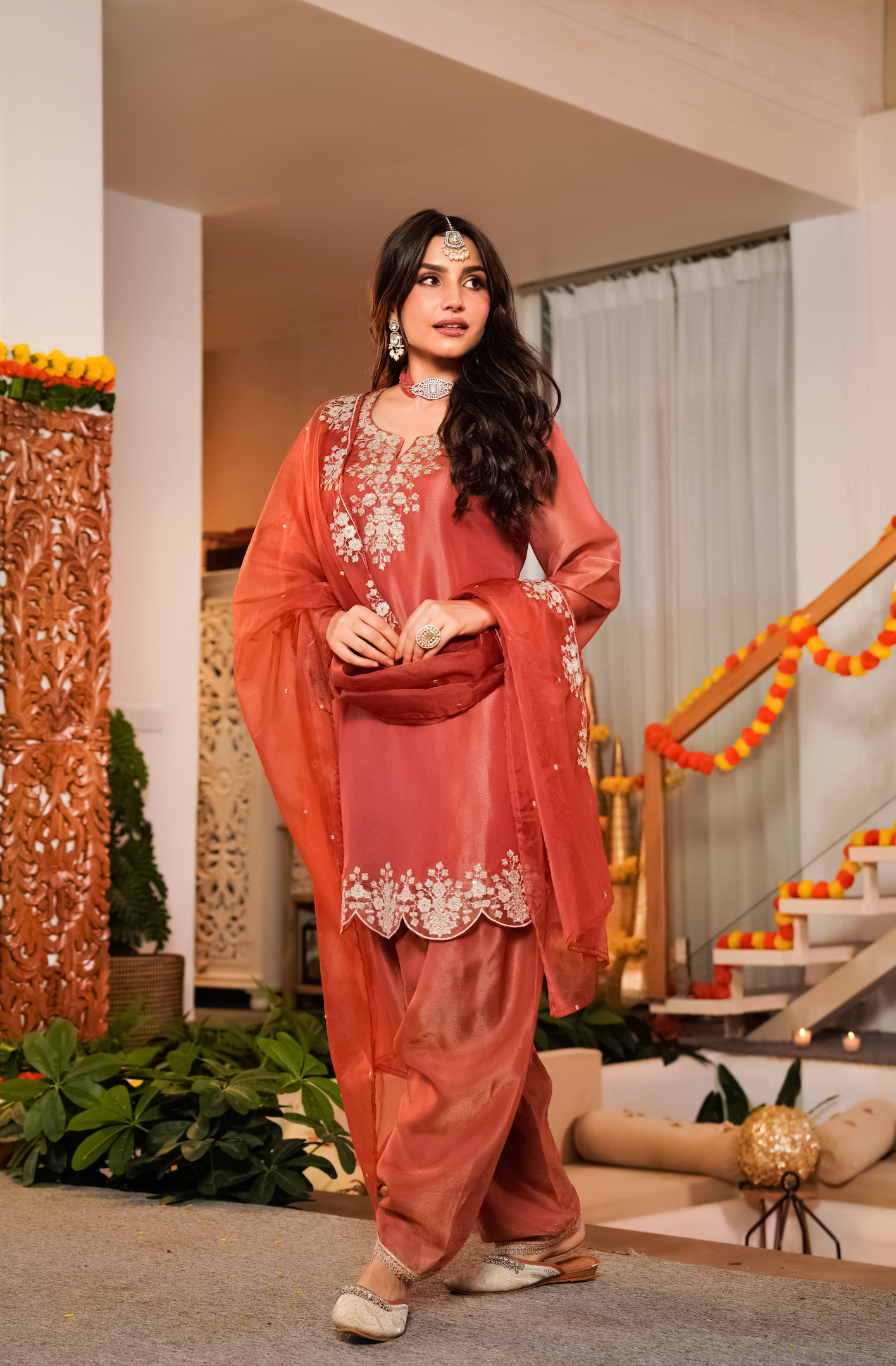Terracotta Tissue Silk A-Line Short Kurta Suit Set