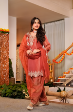 Terracotta Tissue Silk A-Line Short Kurta Suit Set