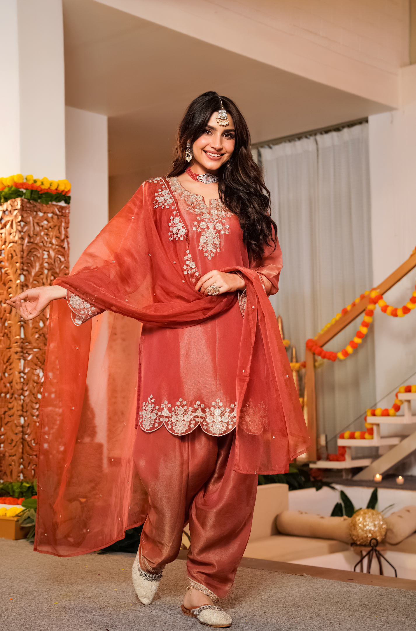 Terracotta Tissue Silk A-Line Short Kurta Suit Set