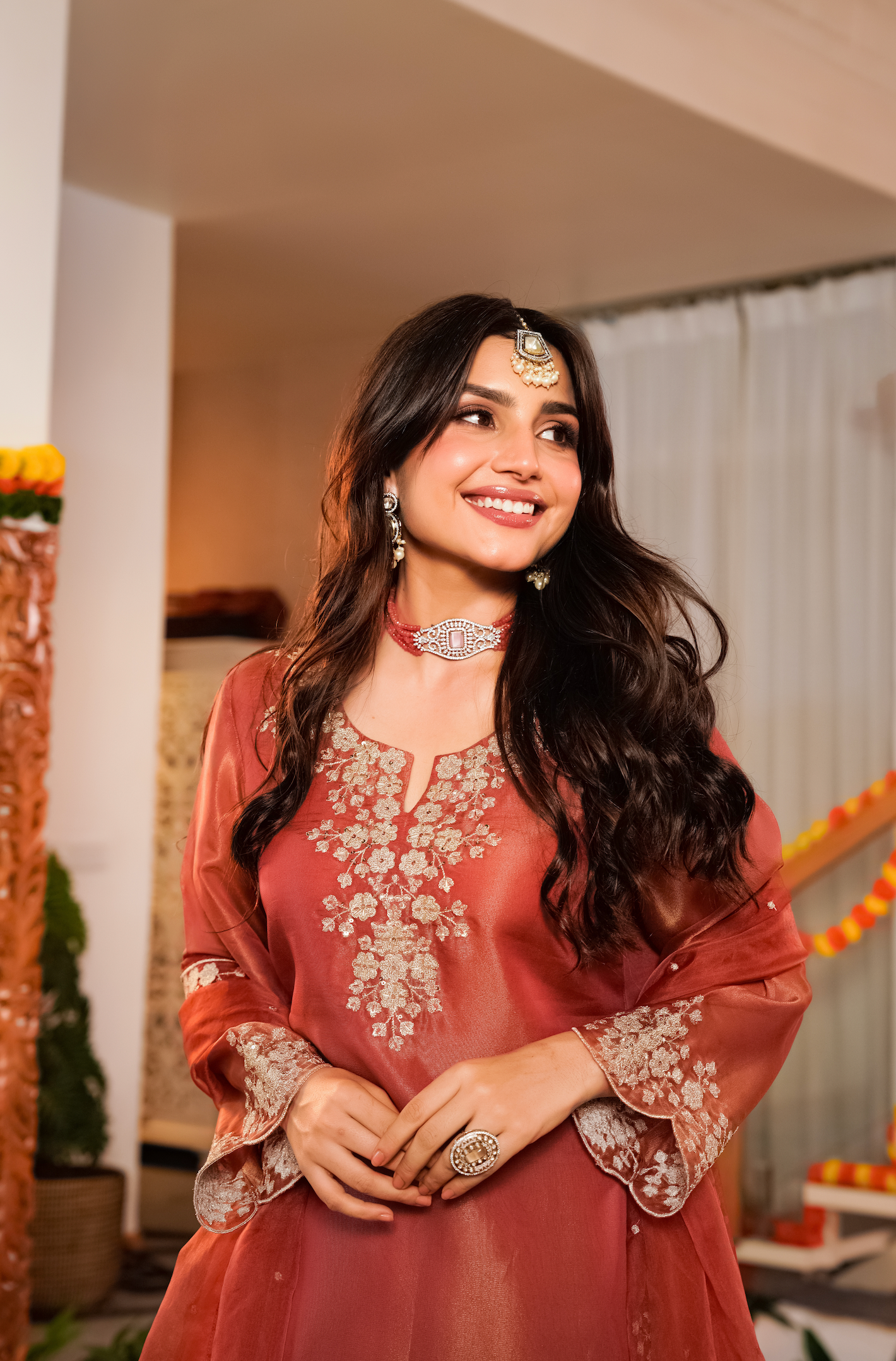 Terracotta Tissue Silk A-Line Short Kurta Suit Set