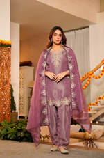 Lavender Tissue Silk A-Line Short Kurta Suit Set