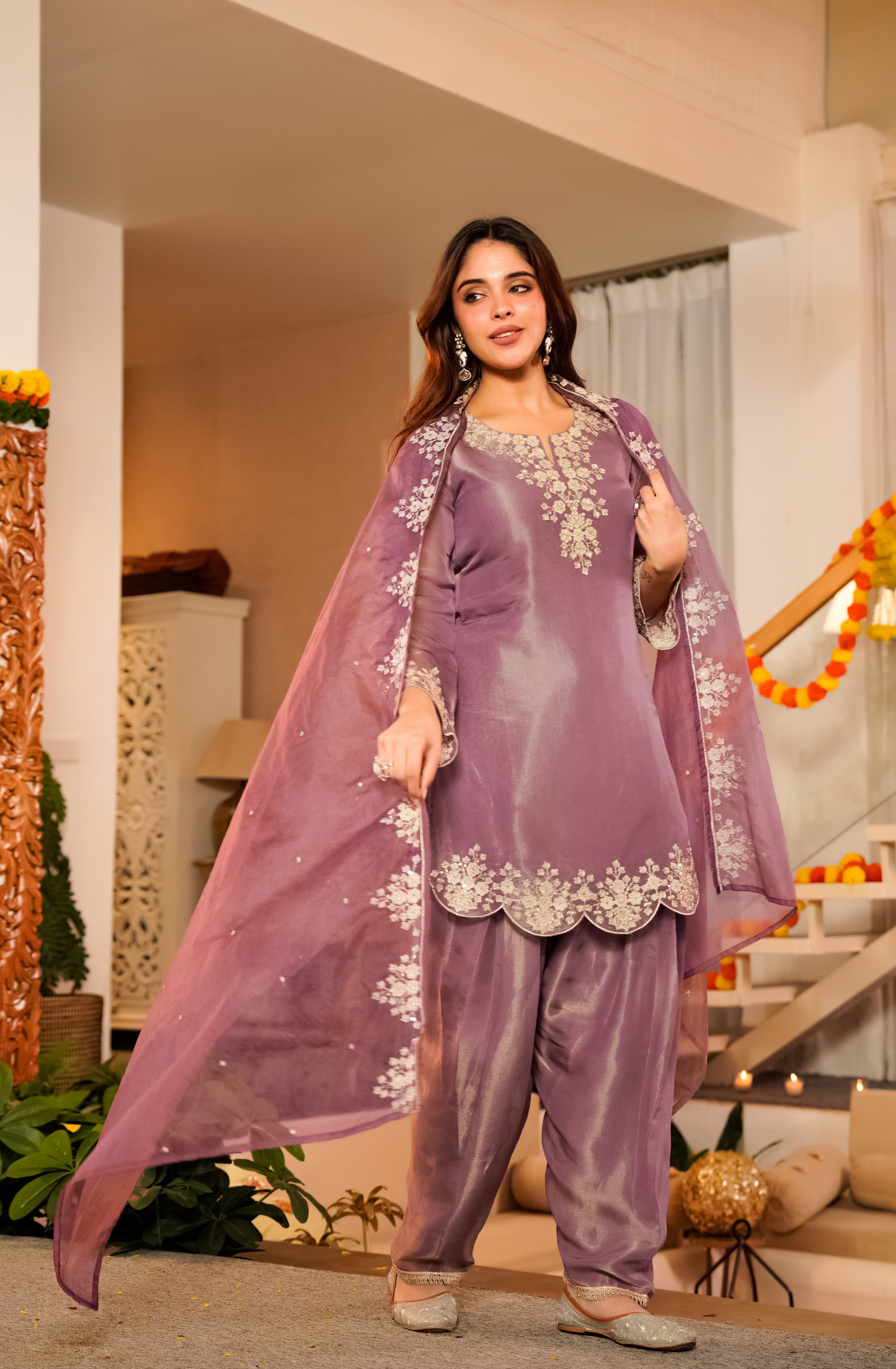 Lavender Tissue Silk A-Line Short Kurta Suit Set