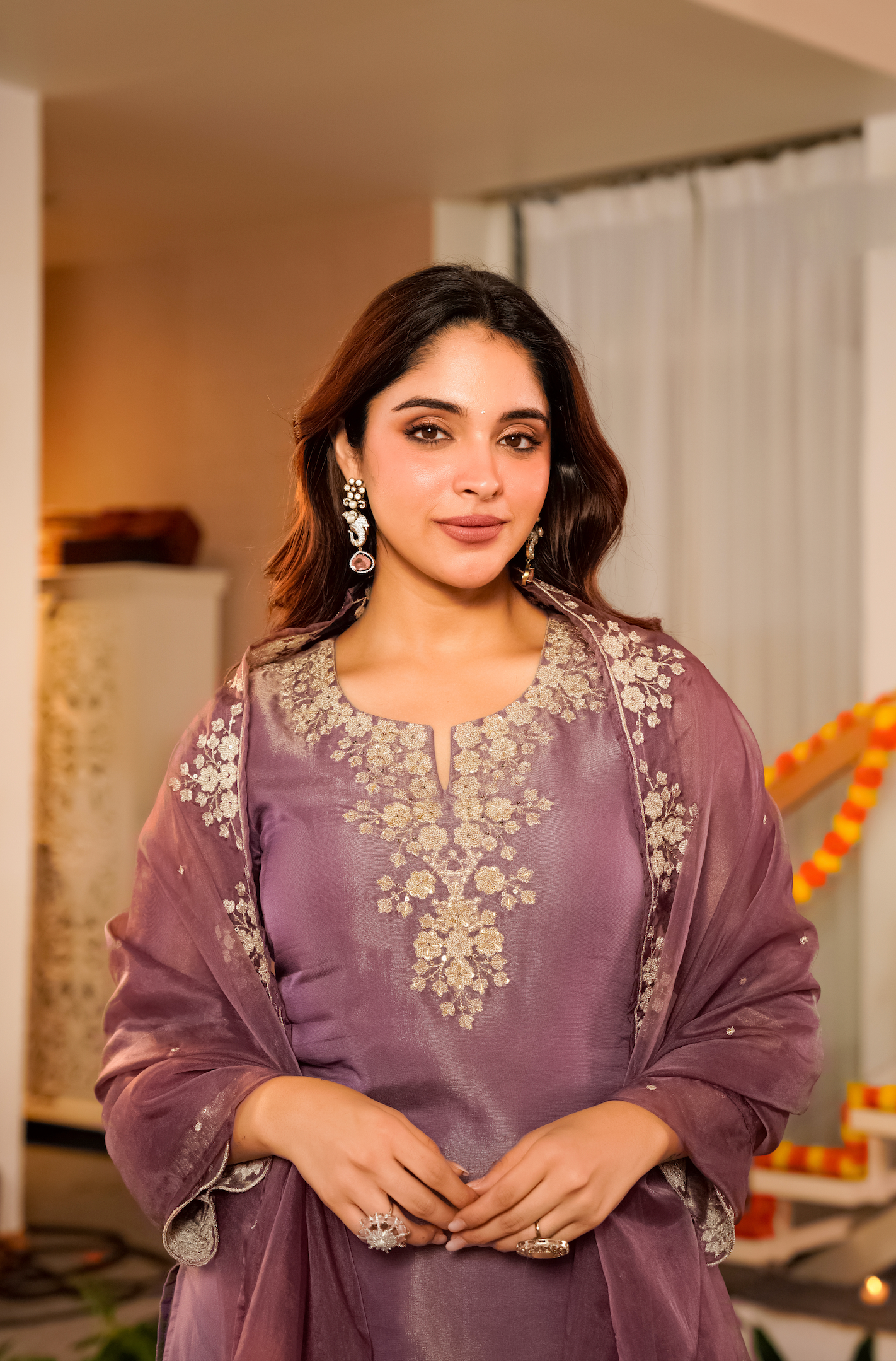 Lavender Tissue Silk A-Line Short Kurta Suit Set