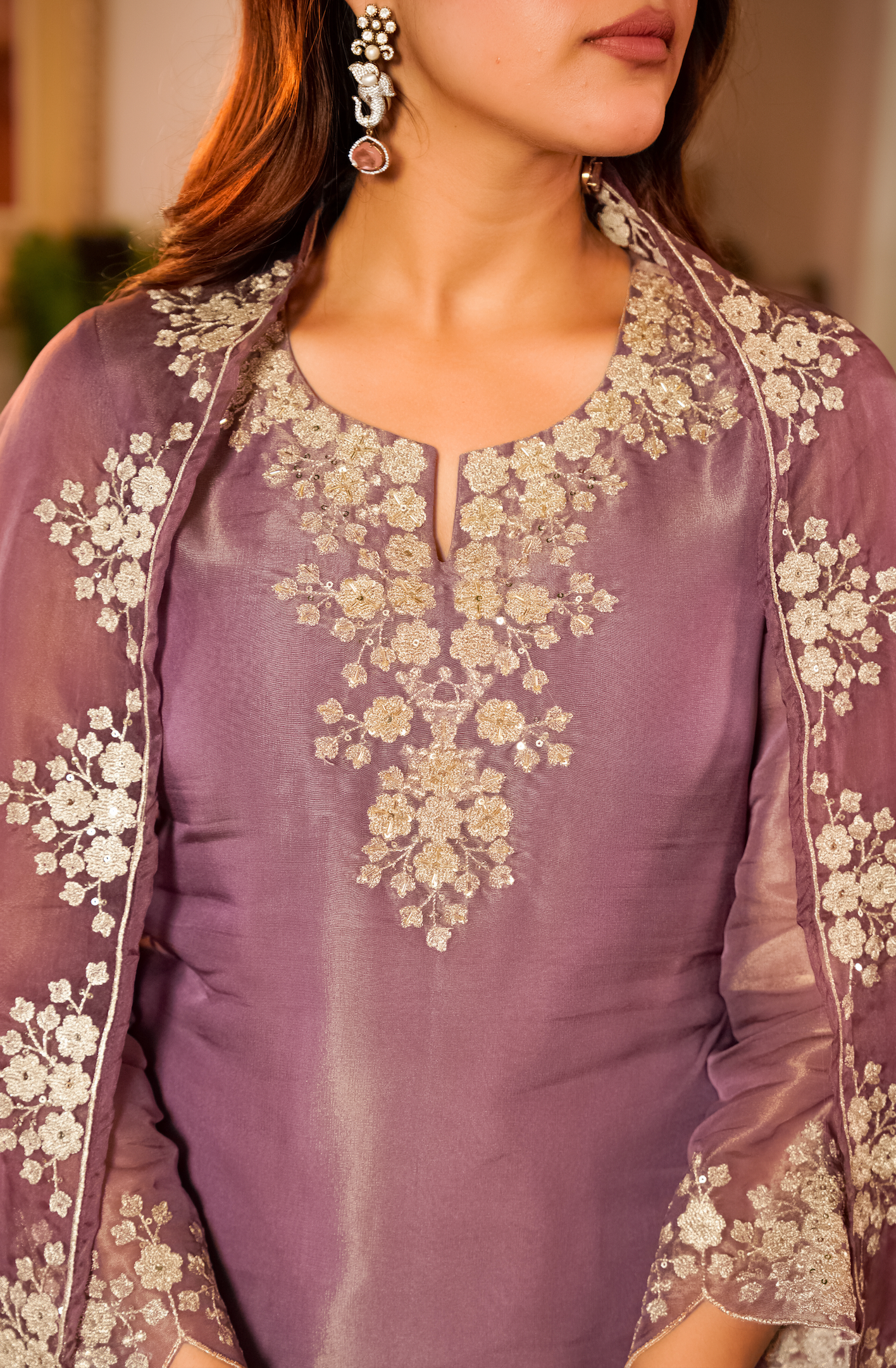 Lavender Tissue Silk A-Line Short Kurta Suit Set