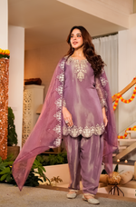 Lavender Tissue Silk A-Line Short Kurta Suit Set
