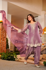 Lavender Tissue Silk A-Line Short Kurta Suit Set