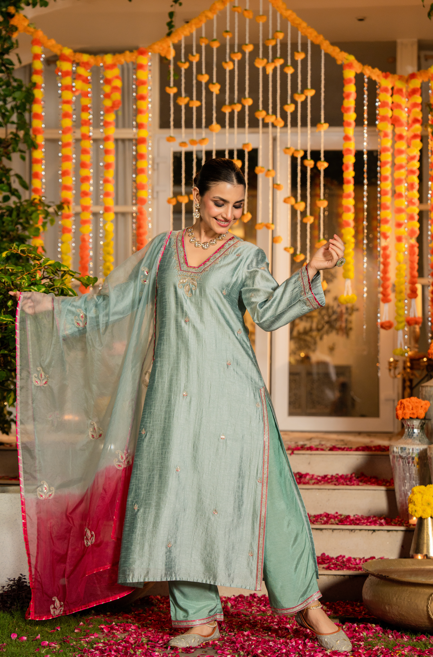 Mint Dola Silk Hand Work Suit Set
