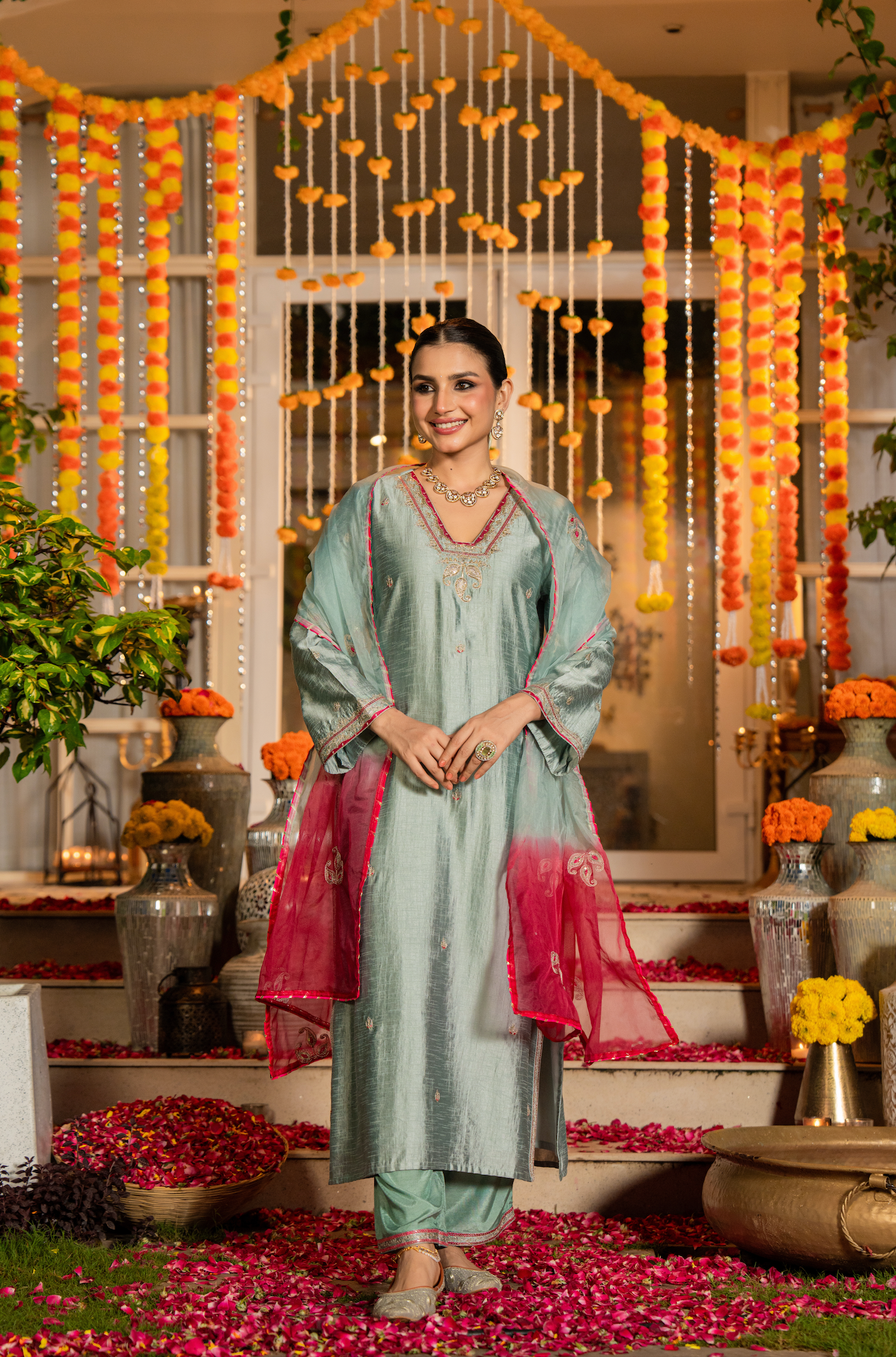 Mint Dola Silk Hand Work Suit Set