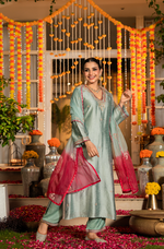 Mint Dola Silk Hand Work Suit Set