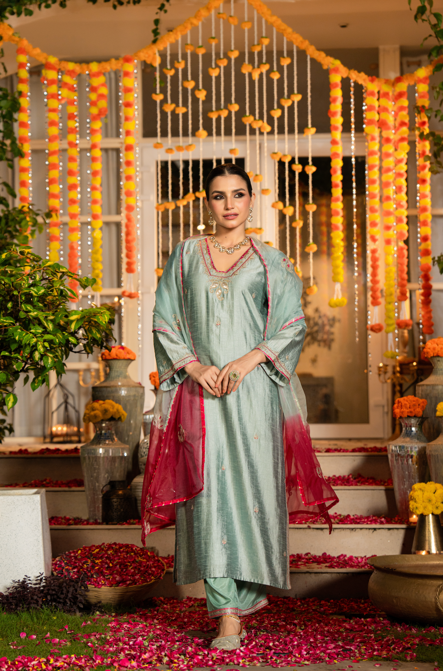 Mint Dola Silk Hand Work Suit Set
