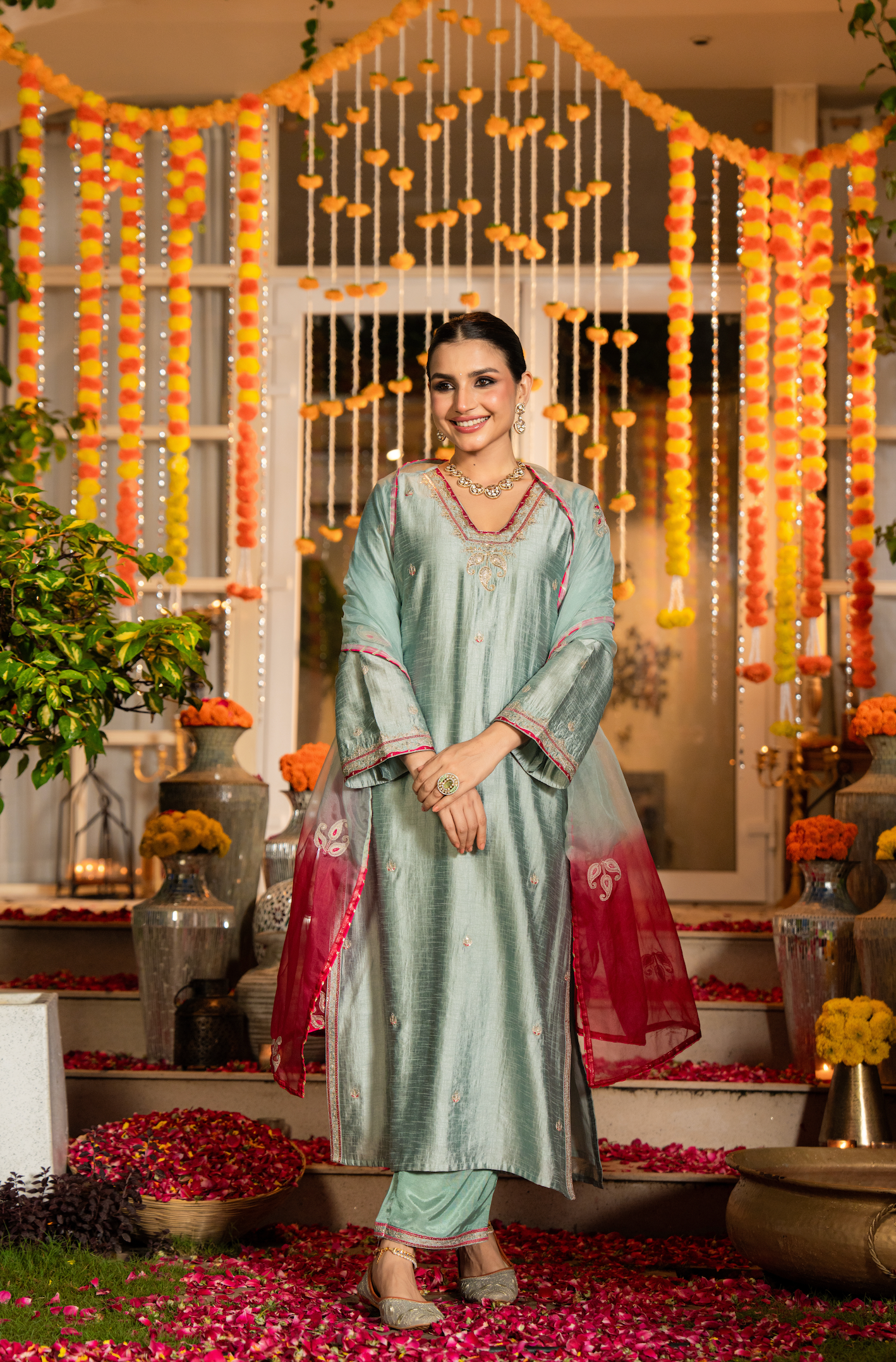 Mint Dola Silk Hand Work Suit Set