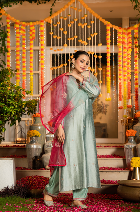 Mint Dola Silk Hand Work Suit Set