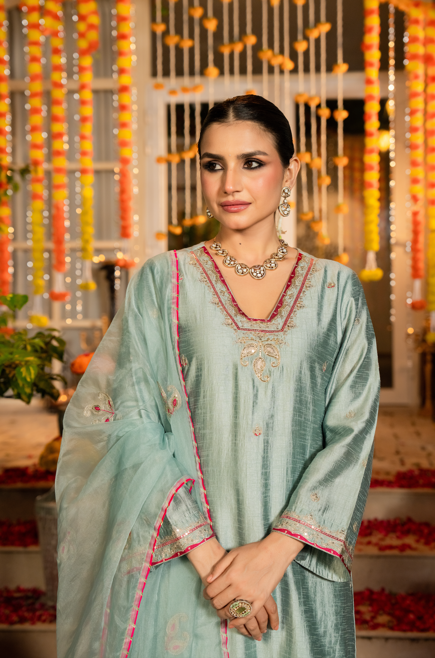 Mint Dola Silk Hand Work Suit Set