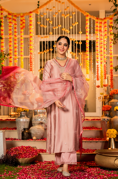 Rose Dola Silk Hand Work Suit Set