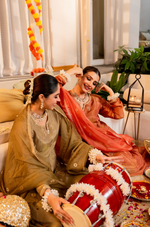 Coral Peach Gold Blue Tissue Suit Set