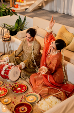 Coral Peach Gold Blue Tissue Suit Set