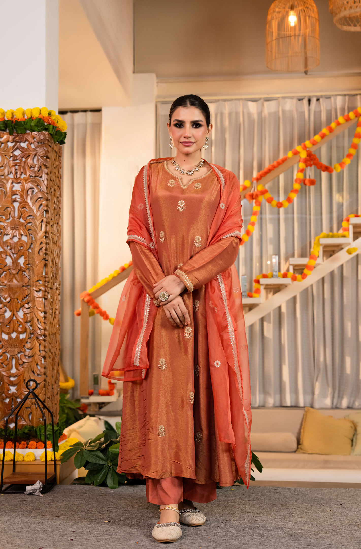 Coral Peach Gold Blue Tissue Suit Set