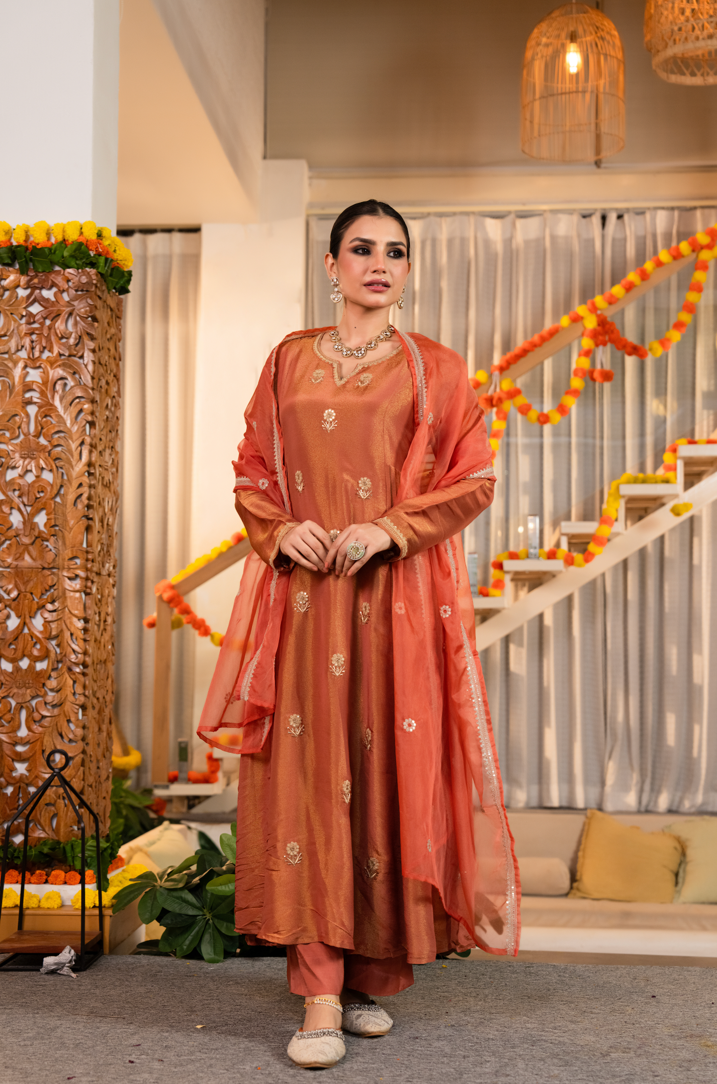 Coral Peach Gold Blue Tissue Suit Set