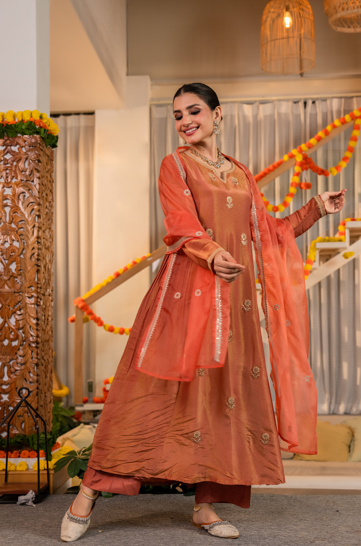 Coral Peach Gold Blue Tissue Suit Set