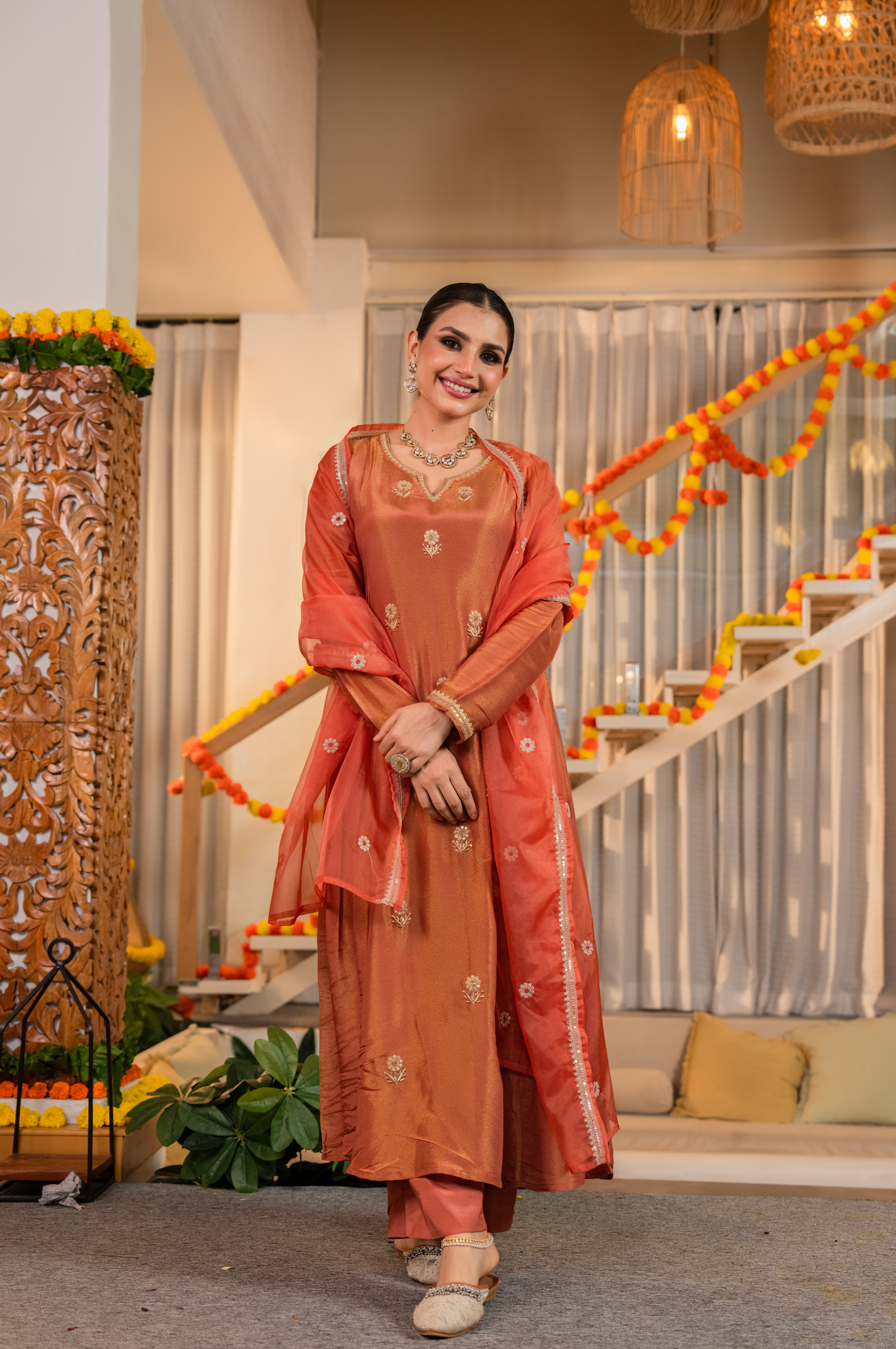 Coral Peach Gold Blue Tissue Suit Set